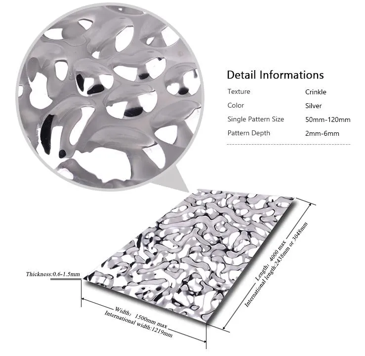 Metallo 304 201 Acciaio inossidabile Acqua Ripple Sheet Parete Metallo pannello decorativo 0.6 * 1219 * 2438mm 0